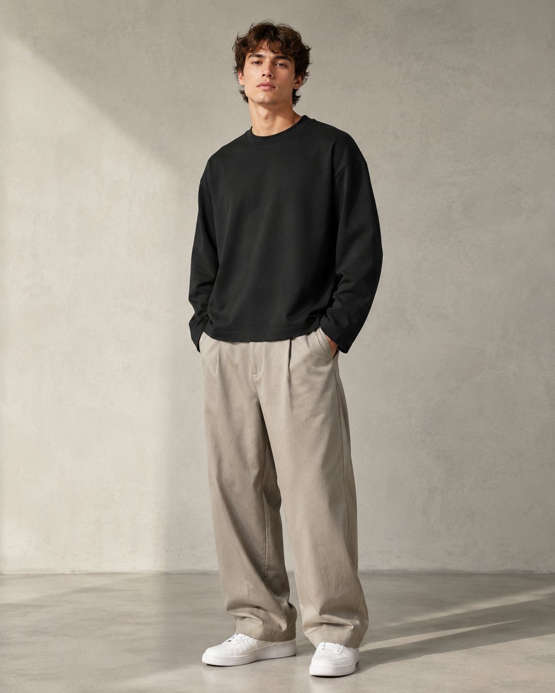 Model wearing the Heavy Long Sleeve in Black