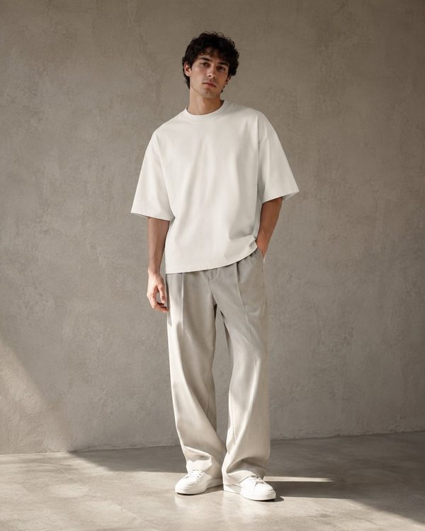 Model wearing the Heavy Tee in Ecru, front view